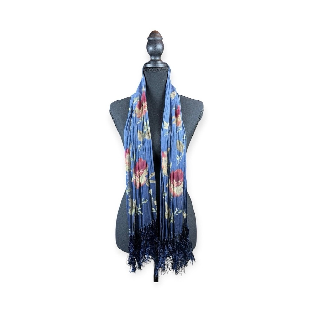 Lauren Ralph Lauren Women's Blue Multicolor Floral Silk Chiffon Fringe Scarf 60"